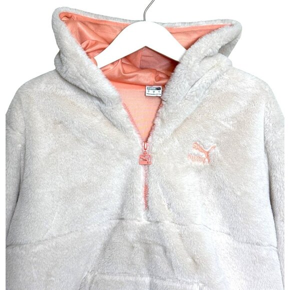 Puma Women's Pullover Faux Fur Jacket 1/4 Zip Hooded Off White Peach Size L - Picture 4 of 11